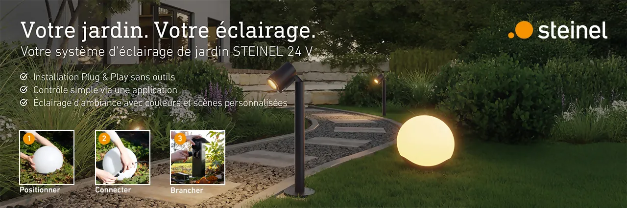 Jardin avec éclairage Steinel 24 V. Sur la gauche, 3 petites images décrivant le processus : placer, raccorder, brancher.