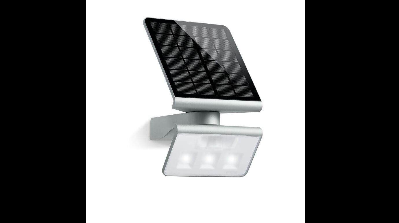 **Französischer Alt-Text für das Bild:**  Applique murale solaire moderne avec panneau photovoltaïque intégré et projecteur LED puissant, idéale pour un éclairage extérieur durable et autonome.